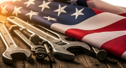 American flag and tools on wooden surface close up wrench bolt