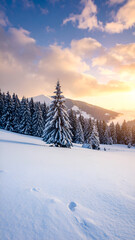 Snowy Mountain Sunset with Fir Trees.