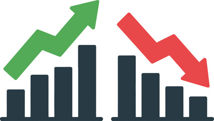dual bar chart with green upward arrow and red downward arrow representing financial growth and decline performance trends