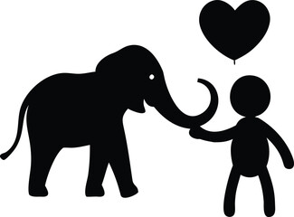 Fototapeta premium Silhouette of an elephant offering a heart balloon to a stick figure on a white background love romance