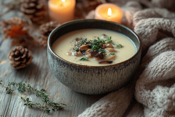 Warm mushroom soup served in a cozy setting with candles