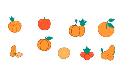 A collection of stylized, orange-colored fruit icons with green leaves, arranged in two rows on a white background.