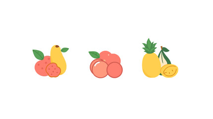 Colorful flat illustration of various fruits including peaches, pears, pineapples, and lychees.