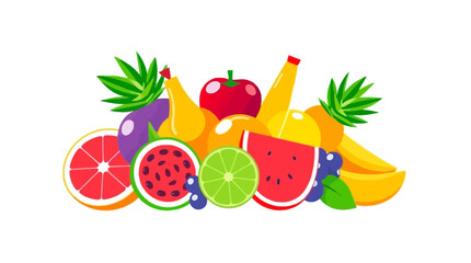 Colorful assortment of fresh fruits including watermelon, citrus, berries, pineapple leaves, and other tropical varieties.