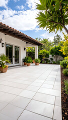 White Patio with Mediterranean Home, and Sunny Day.