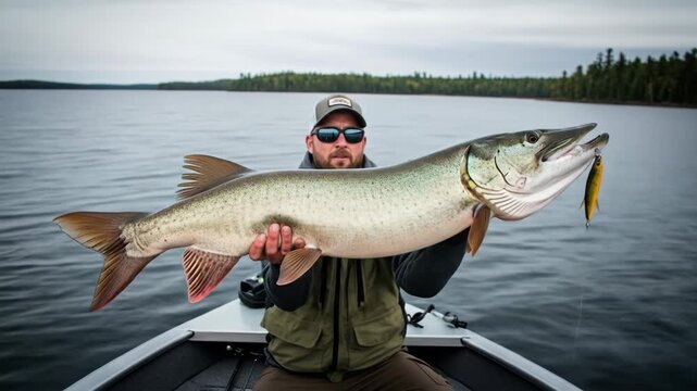 Angler with Huge Muskellunge - A male angler sits in a fishing boat, proudly displaying a massive Muskellunge he has just caught.