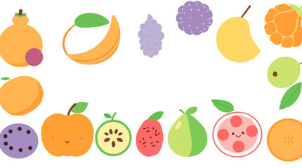 A vibrant illustration showcasing a colorful collection of various fruits arranged in a decorative pattern.
