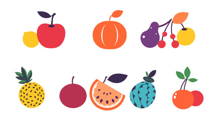 Colorful flat design icons of various fruits, including apples, pears, pumpkins, cherries, pineapples, and watermelons.