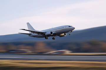 Obraz premium Airplane taking off from runway in early morning light