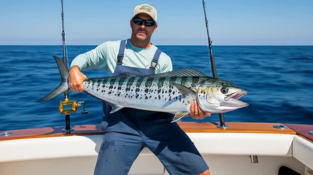 Angler with Large Wahoo on Sportfishing Boat - A man on a sportfishing boat proudly displays a large, freshly caught wahoo.