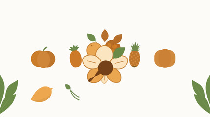 A symmetrical arrangement of stylized fruits and foliage, including pumpkins, pineapples, oranges, and leaves, around a central flower.