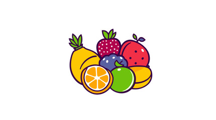 Colorful illustration of various fruits including pineapple, strawberry, orange, blueberry, lime, peach, and mango, arranged together.