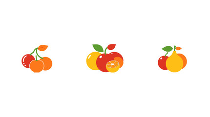 Colorful fruit icons, cherries, oranges, apples, and pears, displayed in a simple, flat design.