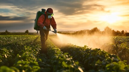 Farmer wearing protective mask spraying pesticide in the field during harvest season