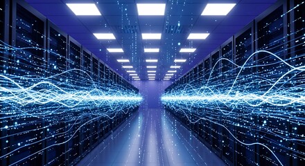 Data Center Hallway with Glowing Blue Light Trails Server Room Technology and Network Connectivity Visualization