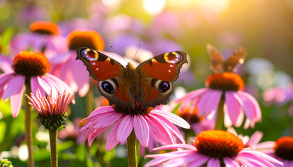 Peacock butterfly on pink flowers.