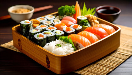 Sushi Platter with Wooden Box, and Japanese Food.