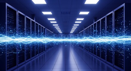 Data Center Server Room with Electrical Energy Flow  High Tech Computing Infrastructure and Network Visualization Concept Image