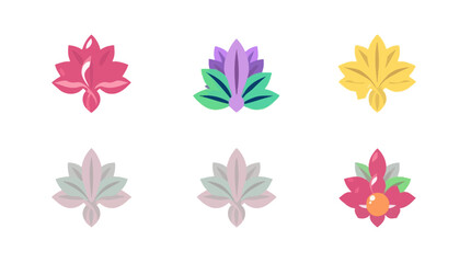Six stylized floral designs in various colors, arranged in two rows on a white background.