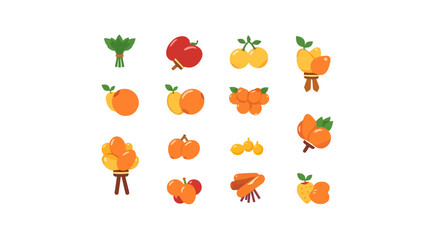Flat design icons of various fruits, including apples, oranges, lemons, and grapes.