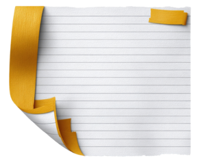 Blank lined paper with a curled, orange-yellow corner and sticky notes