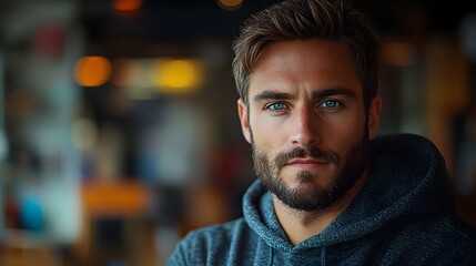 Intense gaze of a determined startup businessman in a hoodie