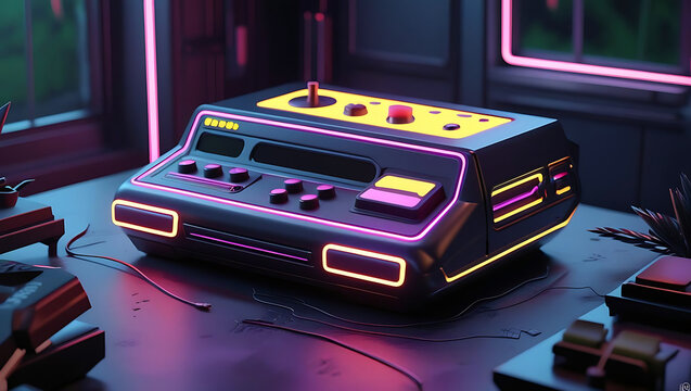 Retro Gaming Console with Neon Lights and Futuristic Design - Powered by Adobe