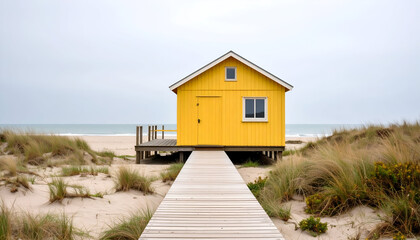 Yellow Beach House with Wooden Walkway.
