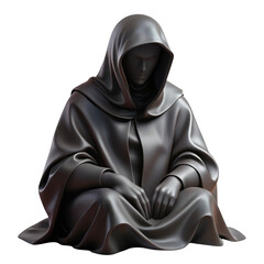 Mysterious hooded figure sitting in contemplation isolated on transparent background
