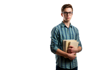 Portrait of a studious young man with glasses holding a stack of books, isolated on a white background with copy space.