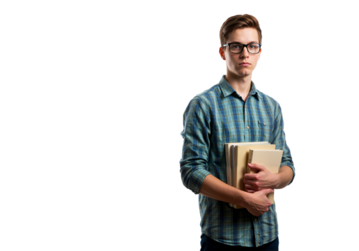 Portrait of a studious young man with glasses holding a stack of books, isolated on a white background with copy space.