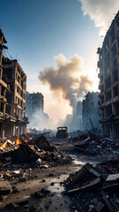 Wartorn city street with smoke, and ruins.