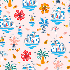 Tropical summer vibes with palm trees, sea, sail boats, vacation village, tropical flowers. Cute hand drawn vector seamless pattern.