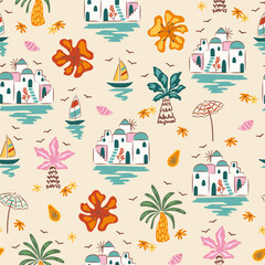 Tropical summer vibes with palm trees, sea, sail boats, vacation village, tropical flowers. Cute hand drawn vector seamless pattern.