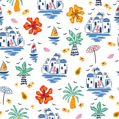 Tropical summer vibes with palm trees, sea, sail boats, vacation village, tropical flowers. Cute hand drawn vector seamless pattern.