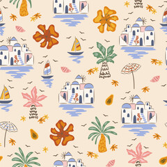 Tropical summer vibes with palm trees, sea, sail boats, vacation village, tropical flowers. Cute hand drawn vector seamless pattern.