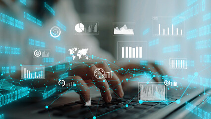 A close-up view of hands typing on a keyboard, surrounded by digital graphs and data visualizations, showcases the essence of modern data analysis in a business setting. Xenic