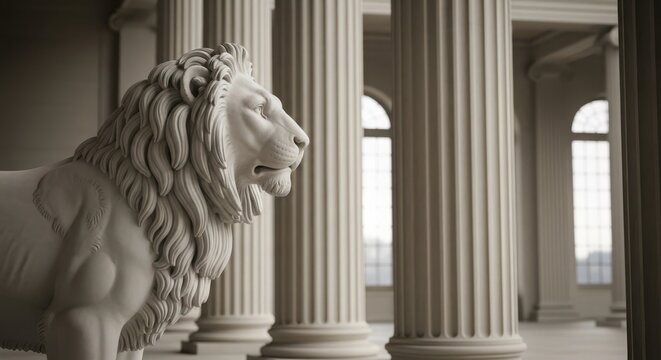 Lion statue in front of classic columns in an ancient building with windows and natural light - Powered by Adobe