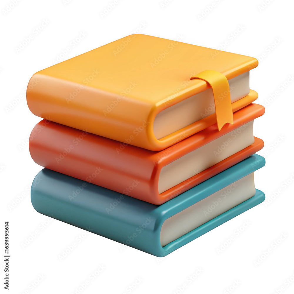 Poster stack of three colorful books with a bookmark isolated on transparent background