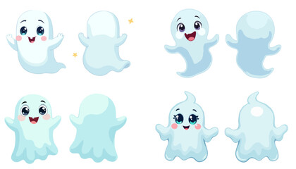 Set of 4 cute little Halloween ghosts showed from front and back side. Vector illustration in minimalist style, cartoon 2d design isolated on white background.
