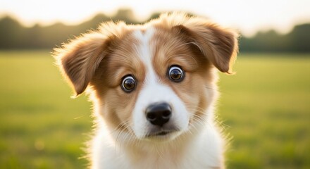 Fluffy brown and white puppy with huge, expressive eyes in a grassy park at sunset