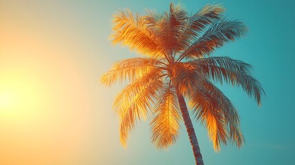 Vibrant coconut palm tree against a tropical sunset backdrop
