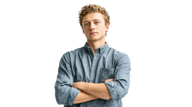 Portrait of a young man with blond curly hair and blue eyes wearing a blue button-down shirt with arms crossed