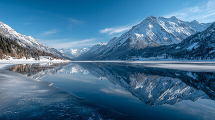 Frozen lake reflecting snowy mountains, bright winter sky