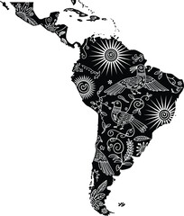 Hispanic heritage month usa silhouette vector art of detailed black and white map of latin america with cultural patterns isolated on white background eps