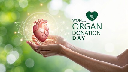 Medical awareness poster for World Organ Donation Day with glowing heart and vibrant health symbols.