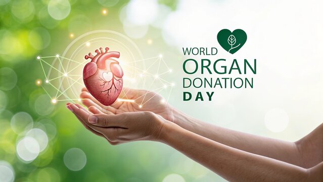 Medical awareness poster for World Organ Donation Day with glowing heart and vibrant health symbols.
