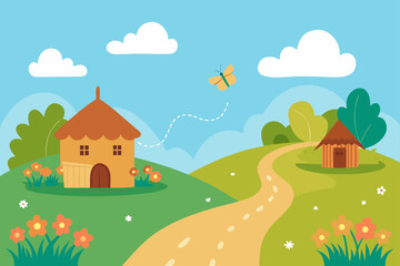 Naklejka premium A colorful cartoon vector illustration of a rural village landscape with a charming country cottage, a castle, and trees under a summer sky