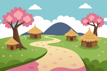 Fototapeta premium A colorful cartoon illustration of a peaceful rural countryside landscape with a small house and trees under a bright summer sky