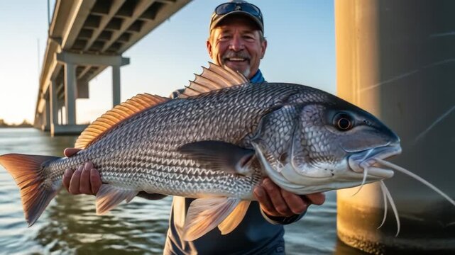 Angler with Large Black Drum Fish at Sunset - A smiling angler displays a large black drum fish he has just caught. The setting sun casts a warm glow on the scene, with a bridge in the background.